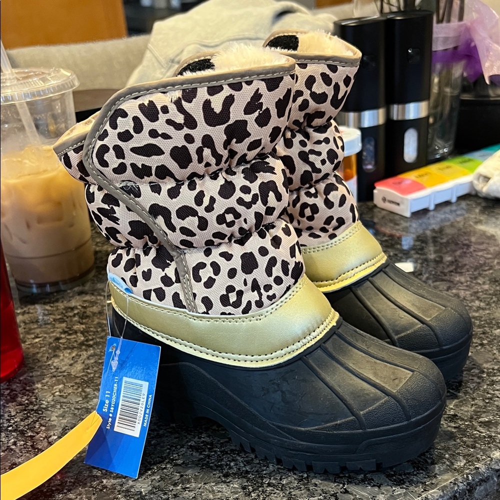 Stylish Leopard Print Kids Boots with Black, tan  and Gold